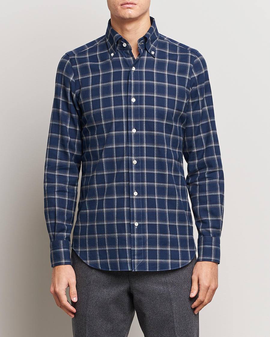 Uomini | Camicie | Finamore Napoli | Tokyo Slim Flannel Button Down Shirt Navy Check