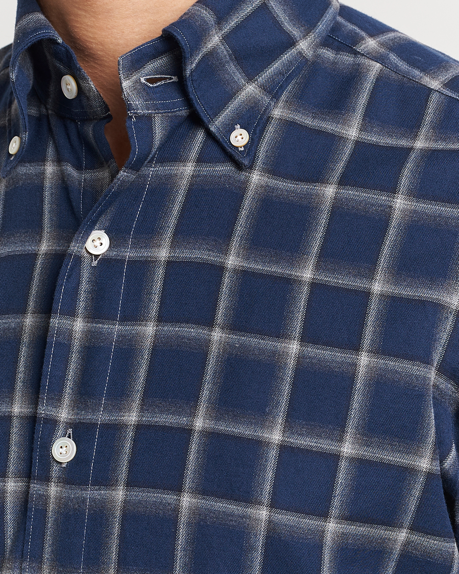Uomini | Camicie | Finamore Napoli | Tokyo Slim Flannel Button Down Shirt Navy Check