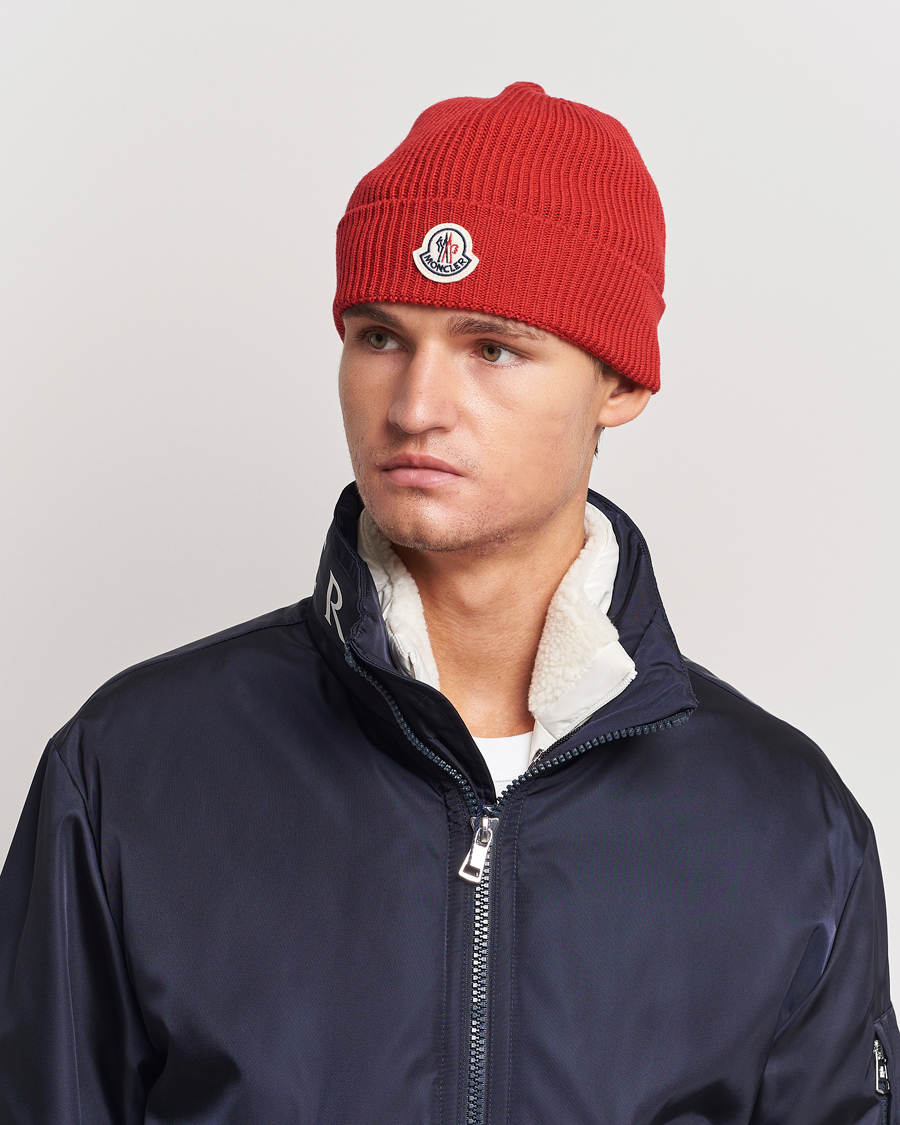 Uomini | Moncler Ribbed Wool Beanie Red | Moncler | Ribbed Wool Beanie Red