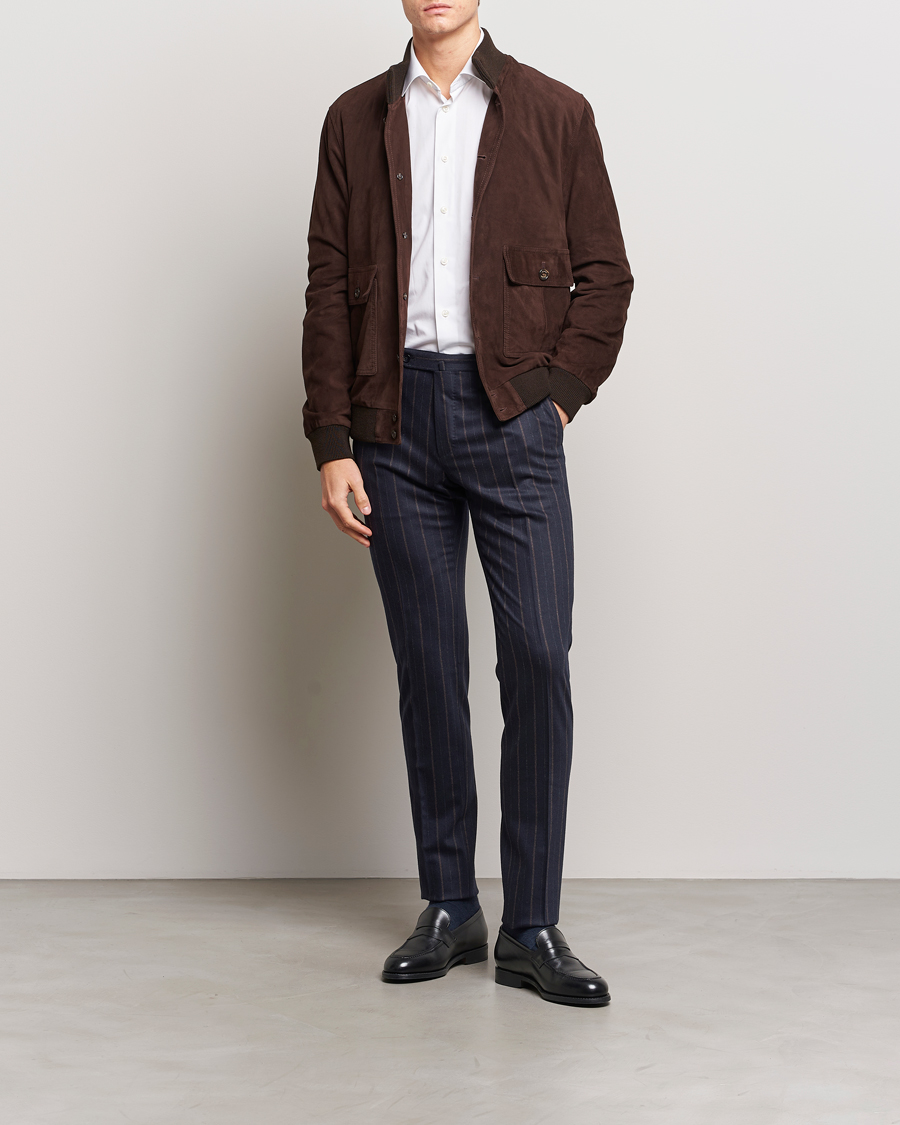 Uomini | Pantaloni | Incotex | Wool/Cashmere Stretch Pinstripe Trousers Navy