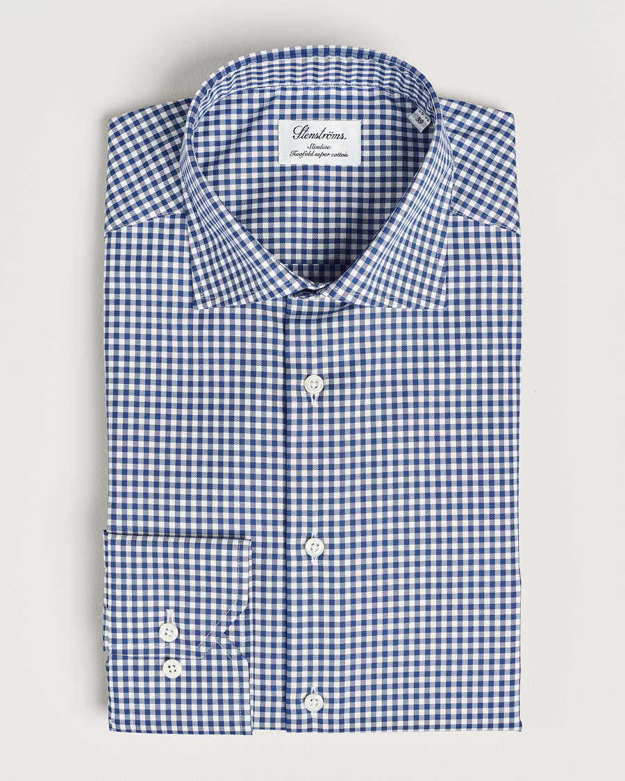 Uomini | Camicie | Stenströms | Slimline Mini Check Cut Away Shirt Blue