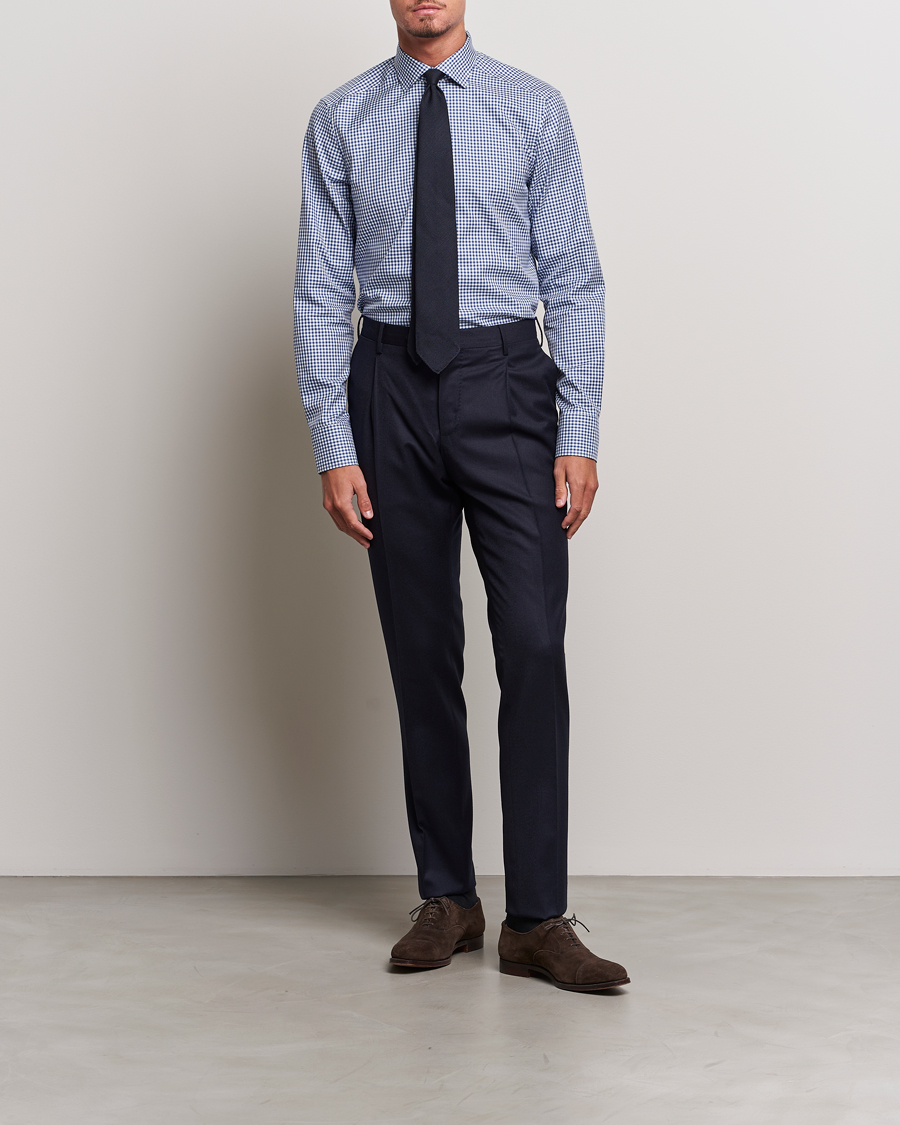 Uomini | Camicie | Stenströms | Slimline Mini Check Cut Away Shirt Blue