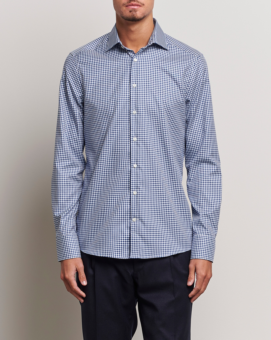 Uomini | Camicie | Stenströms | Slimline Mini Check Cut Away Shirt Blue