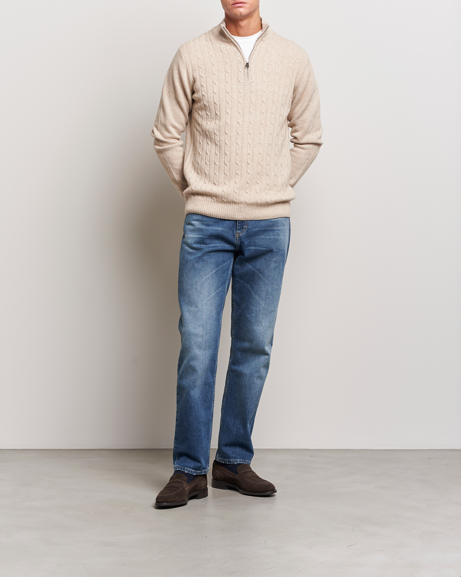 Uomini | Maglieria | Oscar Jacobson | Percy Wool/Cashmere Knitted Half Zip Beige