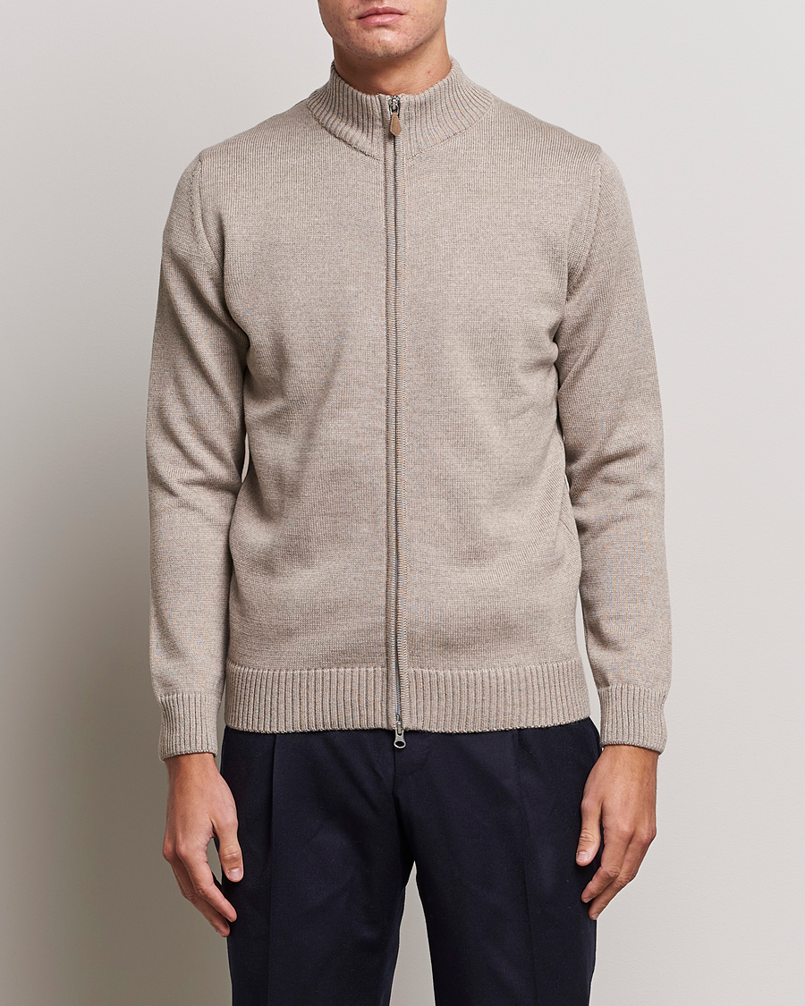 Uomini | Maglieria | Stenströms | Chunky Merino Full Zip Cardigan Beige