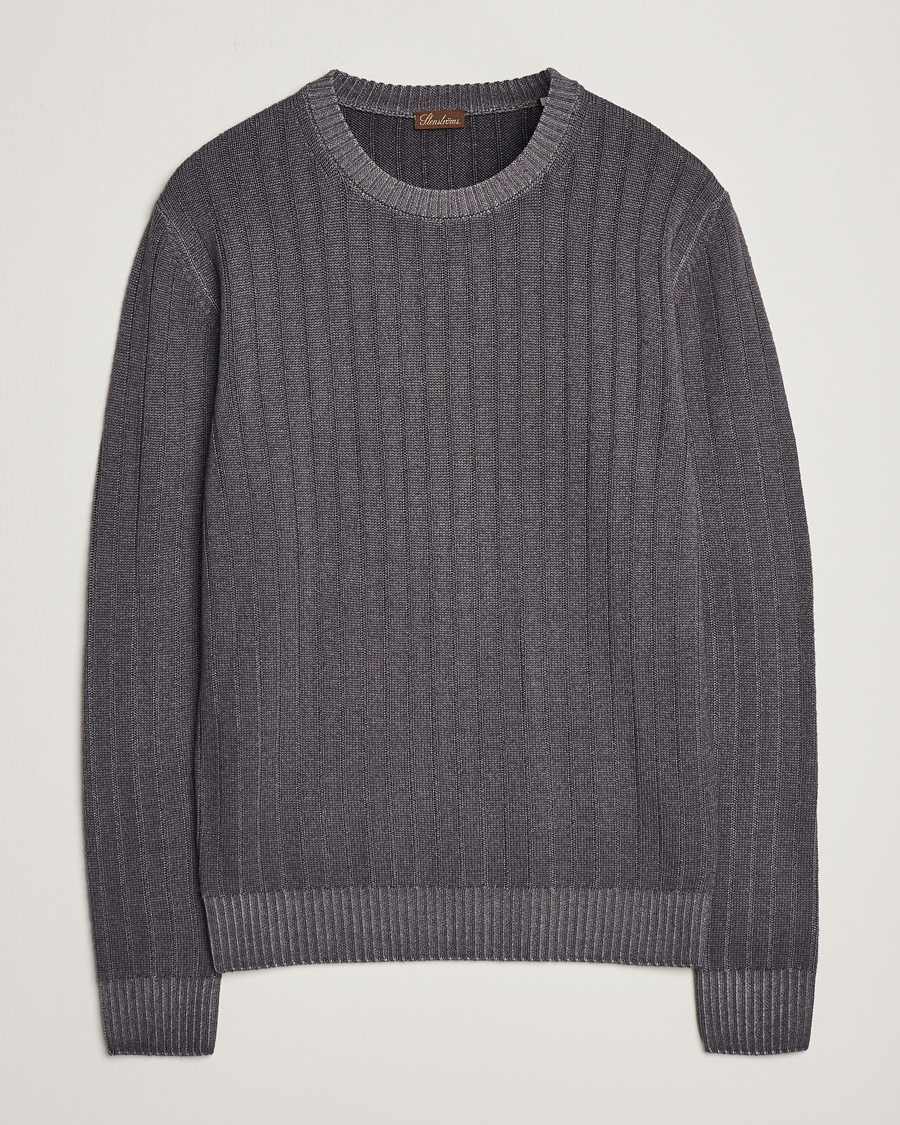 Uomini | Maglieria | Stenströms | Garment Dyed Ribbed Merino Wool Crewneck Grey
