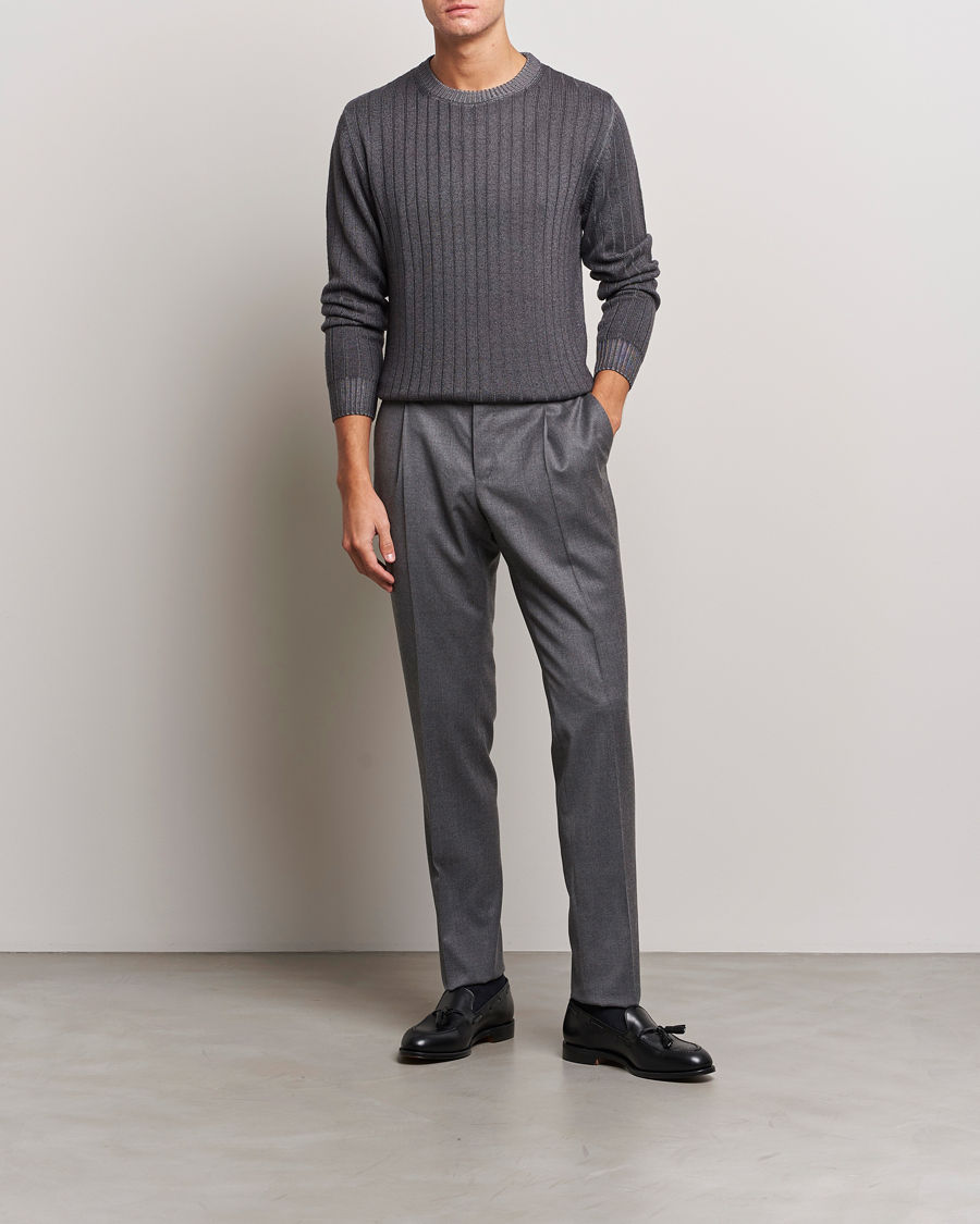 Uomini | Maglieria | Stenströms | Garment Dyed Ribbed Merino Wool Crewneck Grey