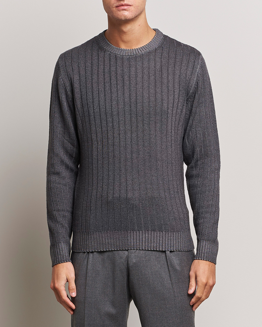 Uomini | Maglieria | Stenströms | Garment Dyed Ribbed Merino Wool Crewneck Grey