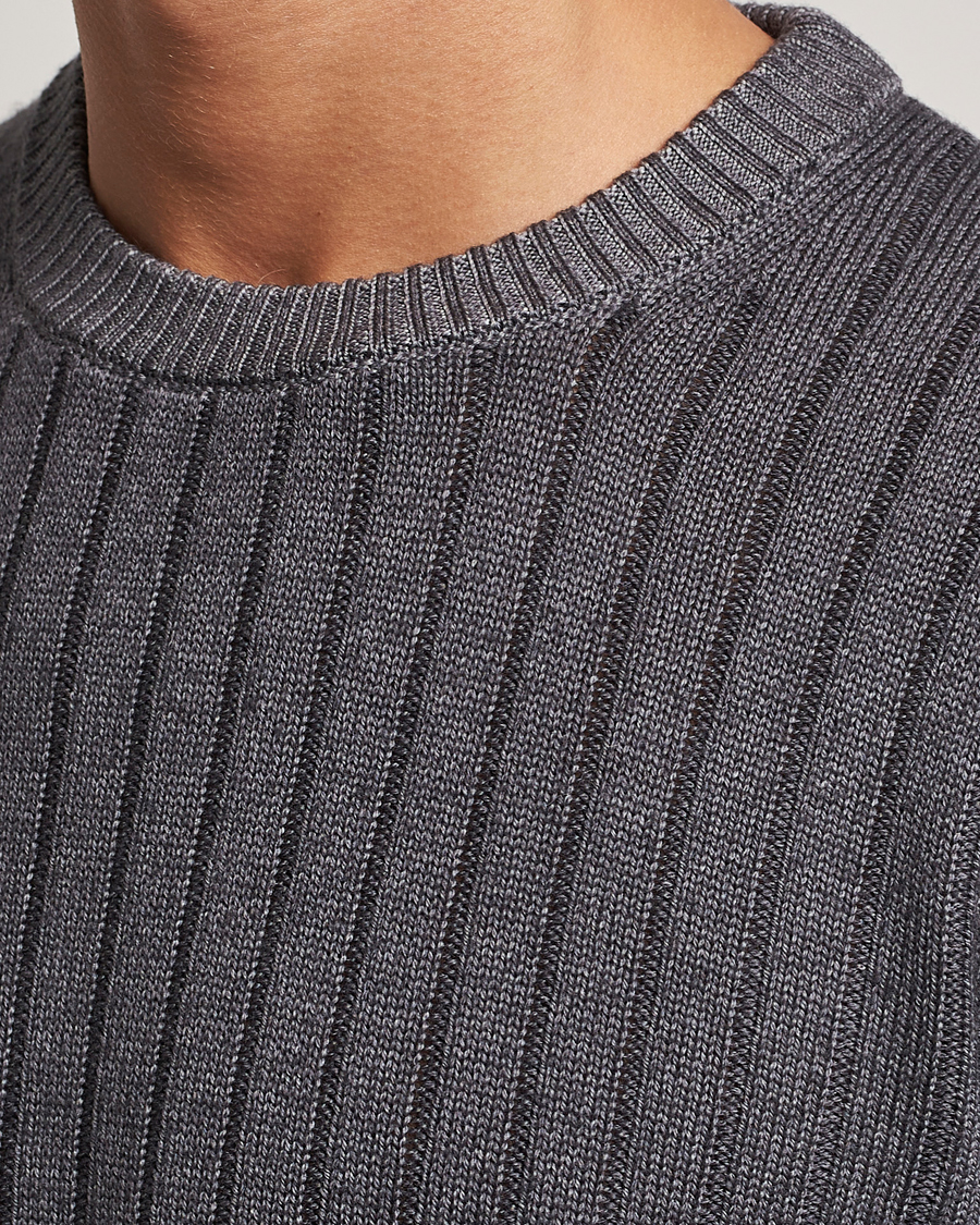Uomini | Maglieria | Stenströms | Garment Dyed Ribbed Merino Wool Crewneck Grey