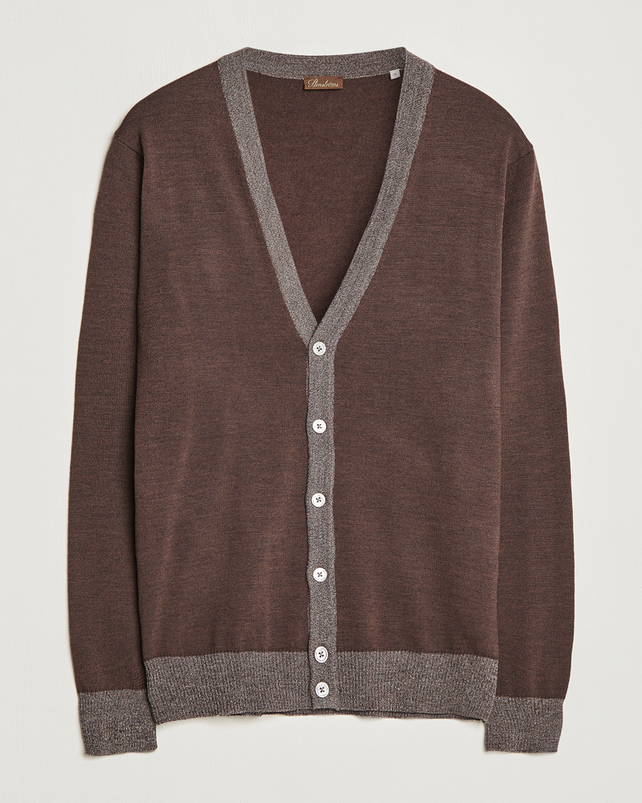 Uomini | Maglieria | Stenströms | Merino Wool Contrast Cardigan Brown