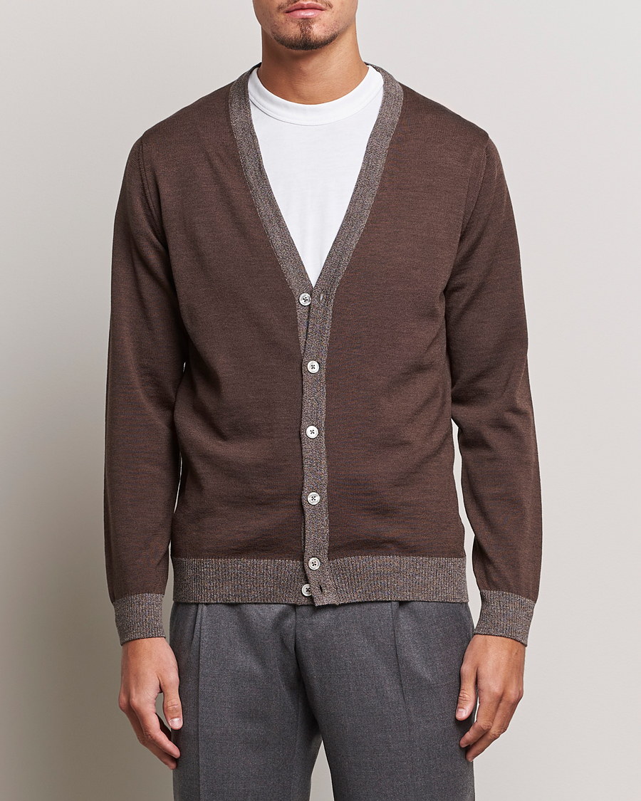 Uomini | Maglieria | Stenströms | Merino Wool Contrast Cardigan Brown