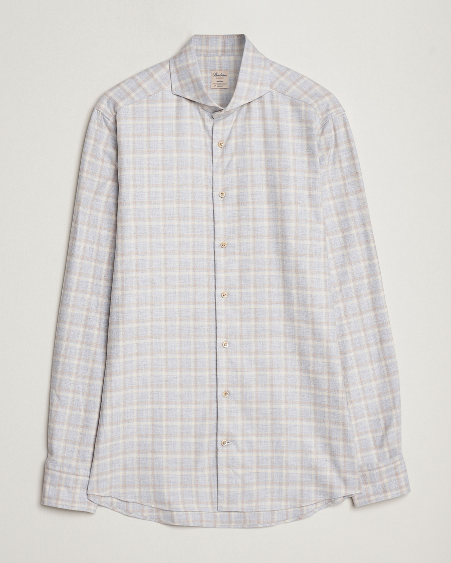 Uomini | Camicie | Stenströms | Slimline Checked Cut Away Flannel Shirt Light Grey