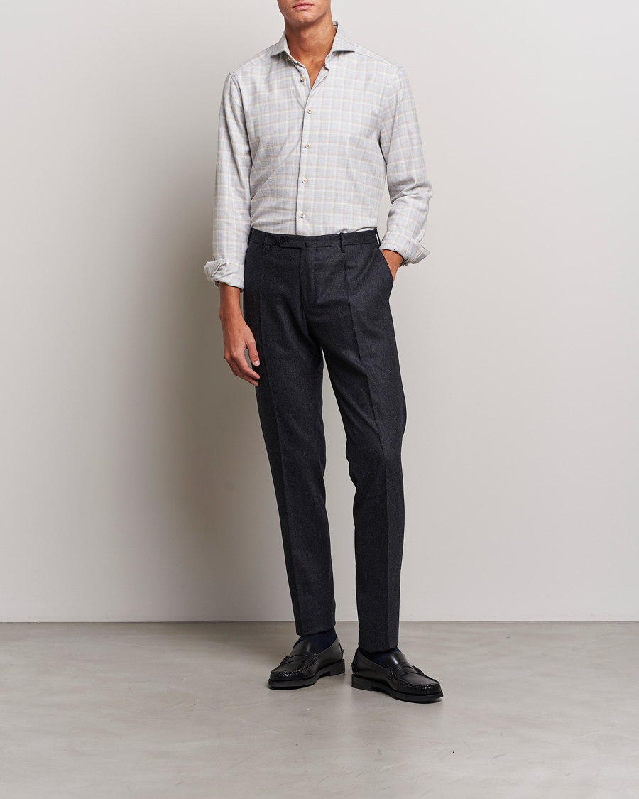 Uomini | Camicie | Stenströms | Slimline Checked Cut Away Flannel Shirt Light Grey