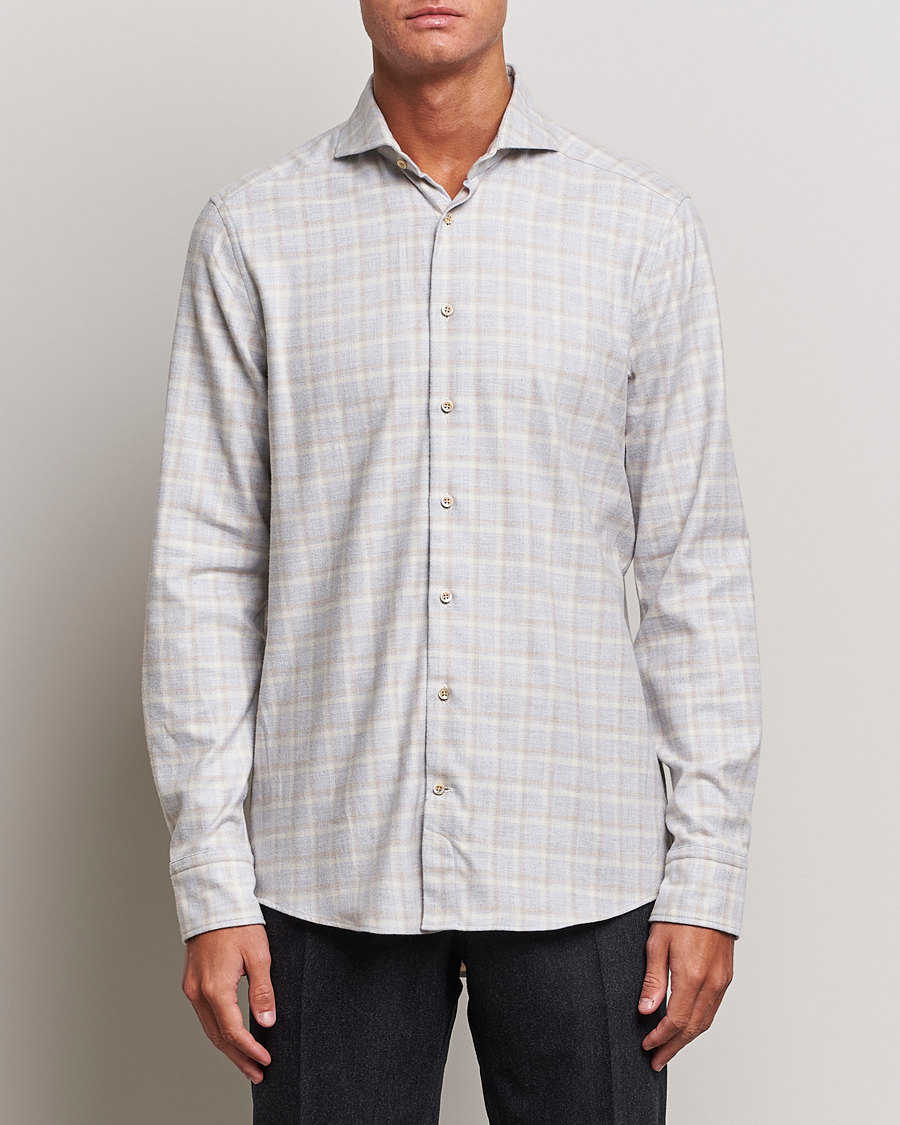 Uomini | Camicie | Stenströms | Slimline Checked Cut Away Flannel Shirt Light Grey