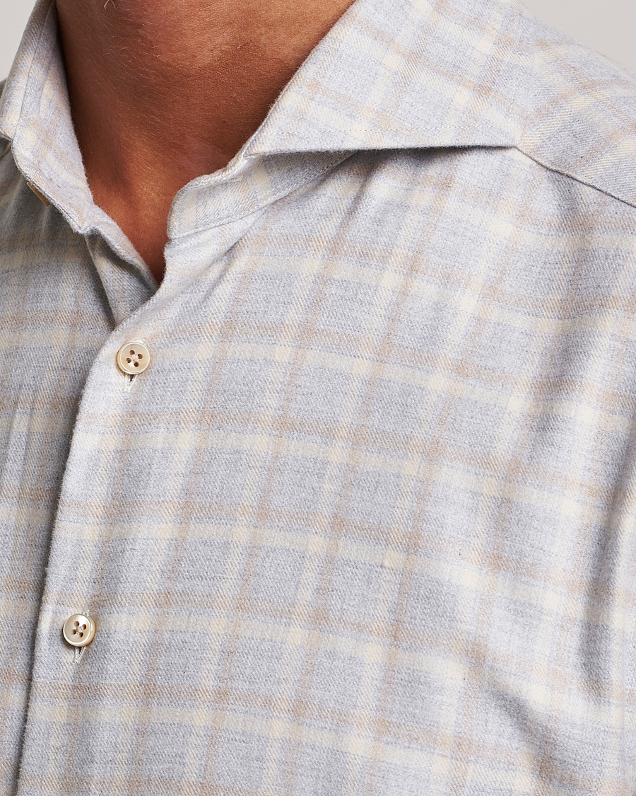 Uomini | Camicie | Stenströms | Slimline Checked Cut Away Flannel Shirt Light Grey