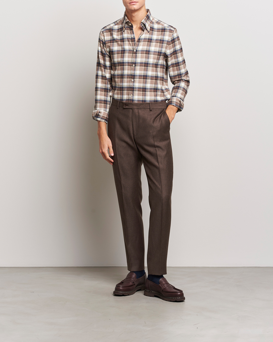 Uomini | Camicie | Stenströms | Slimline Checked Button Down Flannel Shirt Beige