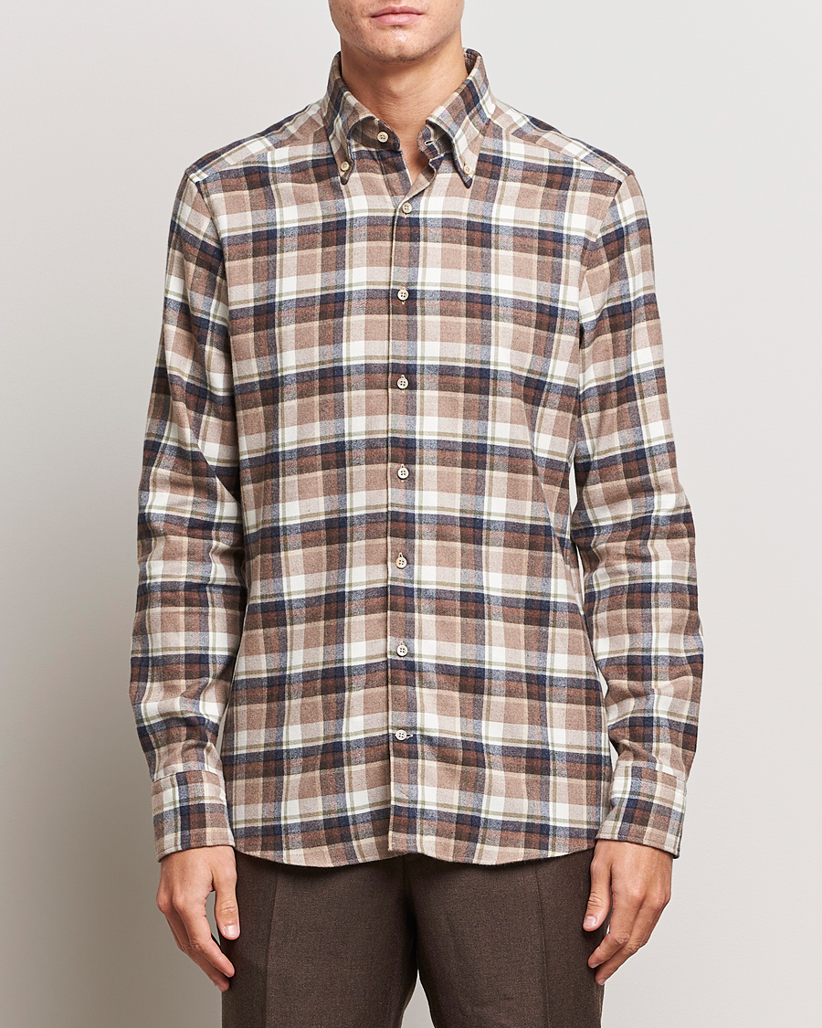 Uomini | Camicie | Stenströms | Slimline Checked Button Down Flannel Shirt Beige