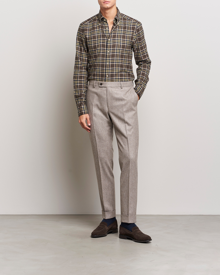 Uomini | Camicie | Stenströms | Slimline Checked Button Down Flannel Shirt Brown