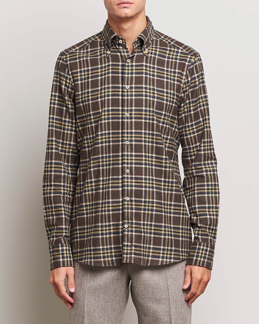 Uomini | Camicie | Stenströms | Slimline Checked Button Down Flannel Shirt Brown