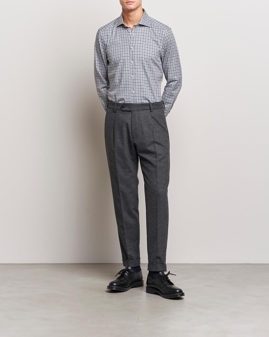 Uomini | Camicie | Stenströms | Slimline Small Checked Flannel Shirt Blue/Grey
