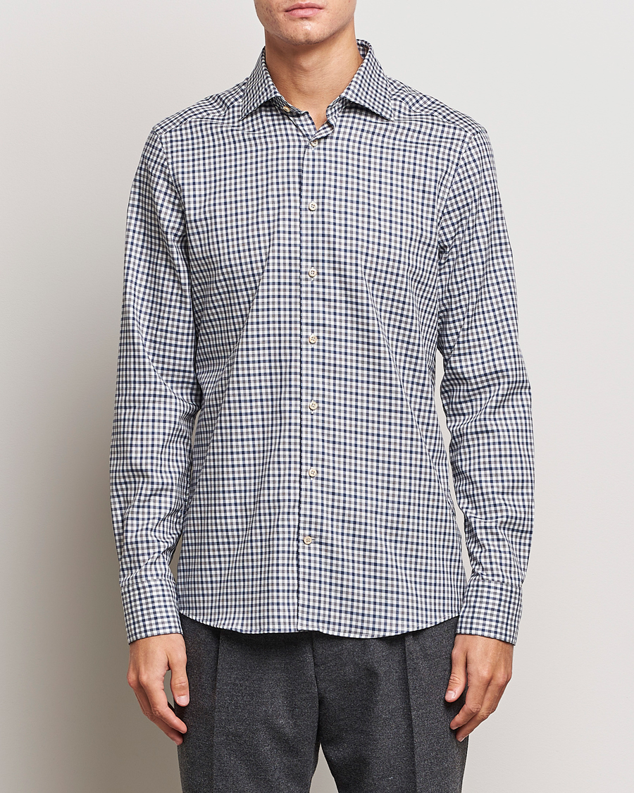 Uomini | Camicie | Stenströms | Slimline Small Checked Flannel Shirt Blue/Grey