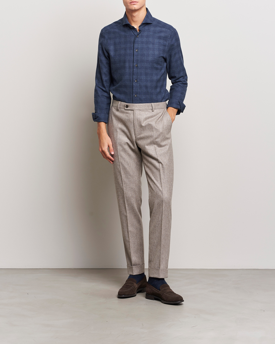 Uomini | Camicie | Stenströms | Slimline Checked Cut Away Flannel Shirt Navy