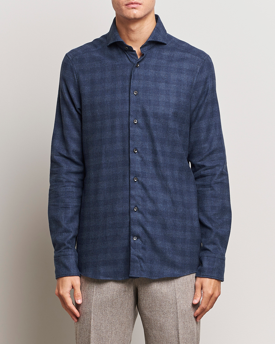 Uomini | Camicie | Stenströms | Slimline Checked Cut Away Flannel Shirt Navy