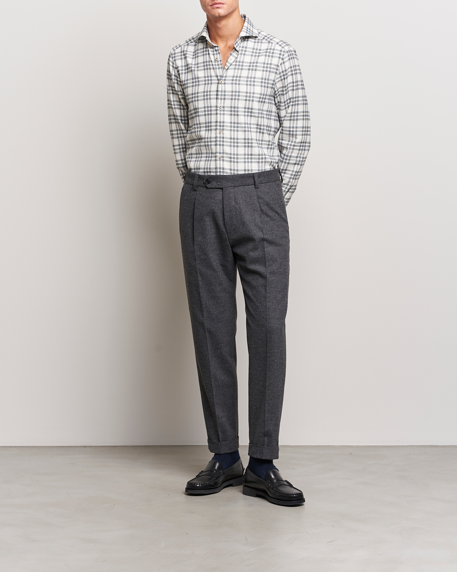 Uomini | Camicie | Stenströms | Slimline Checked Cut Away Flannel Shirt White/Black