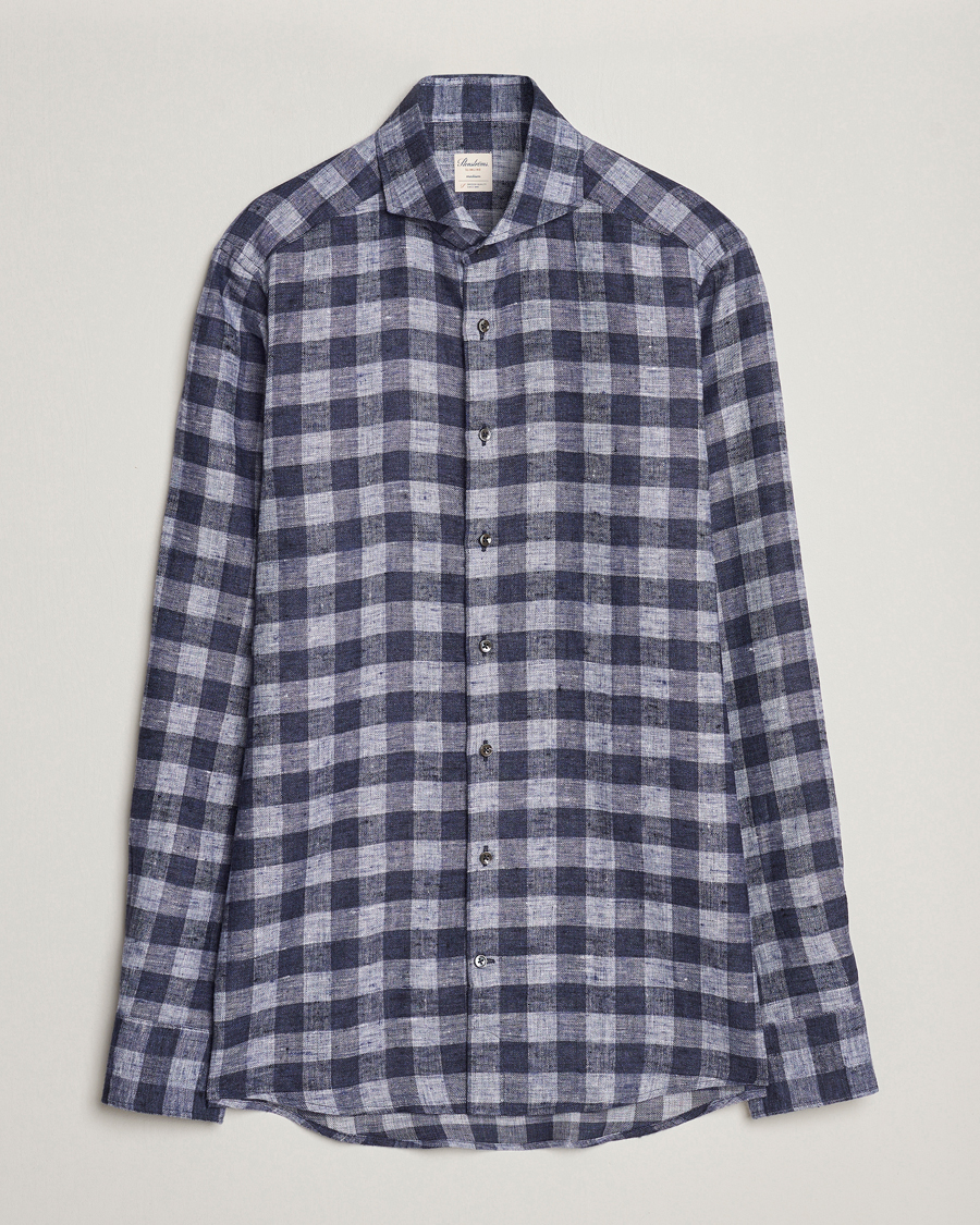 Uomini | Camicie | Stenströms | Slimline Checked Linen Flannel Shirt Blue