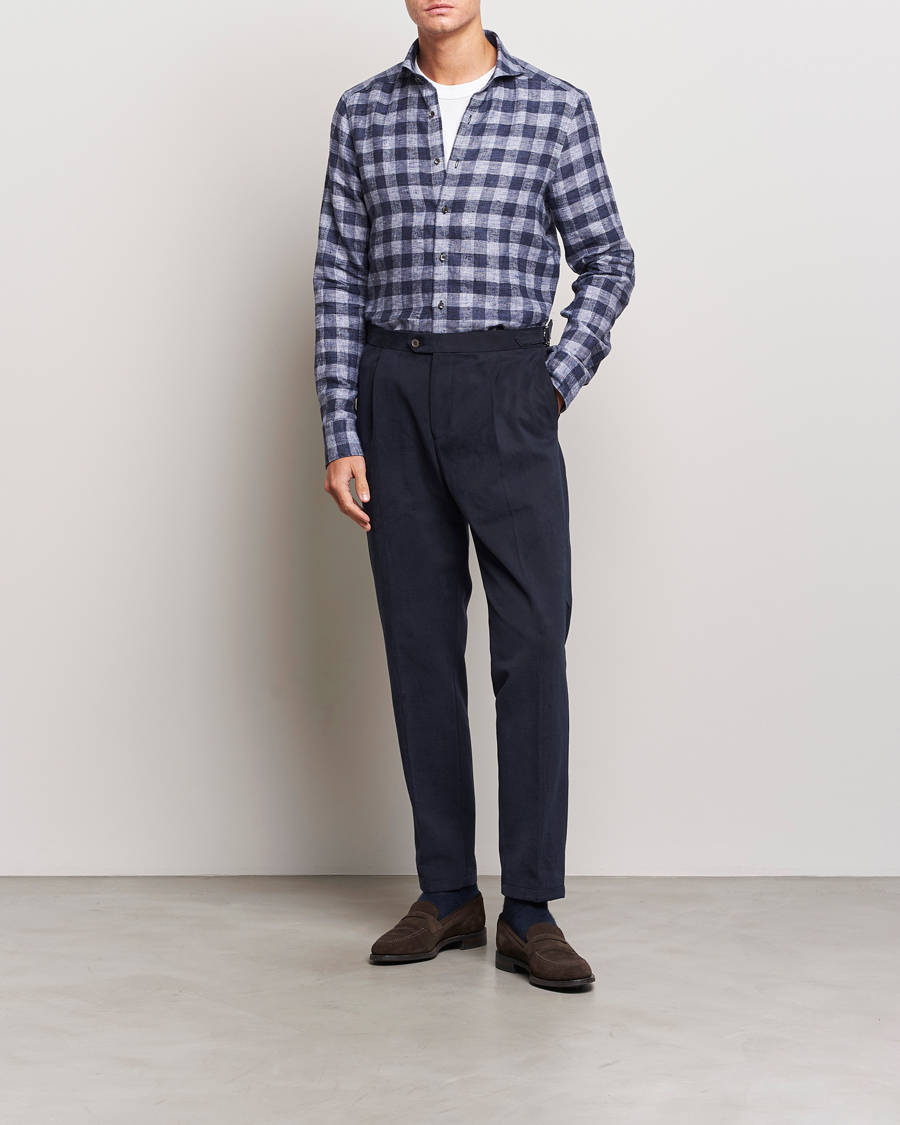 Uomini | Camicie | Stenströms | Slimline Checked Linen Flannel Shirt Blue