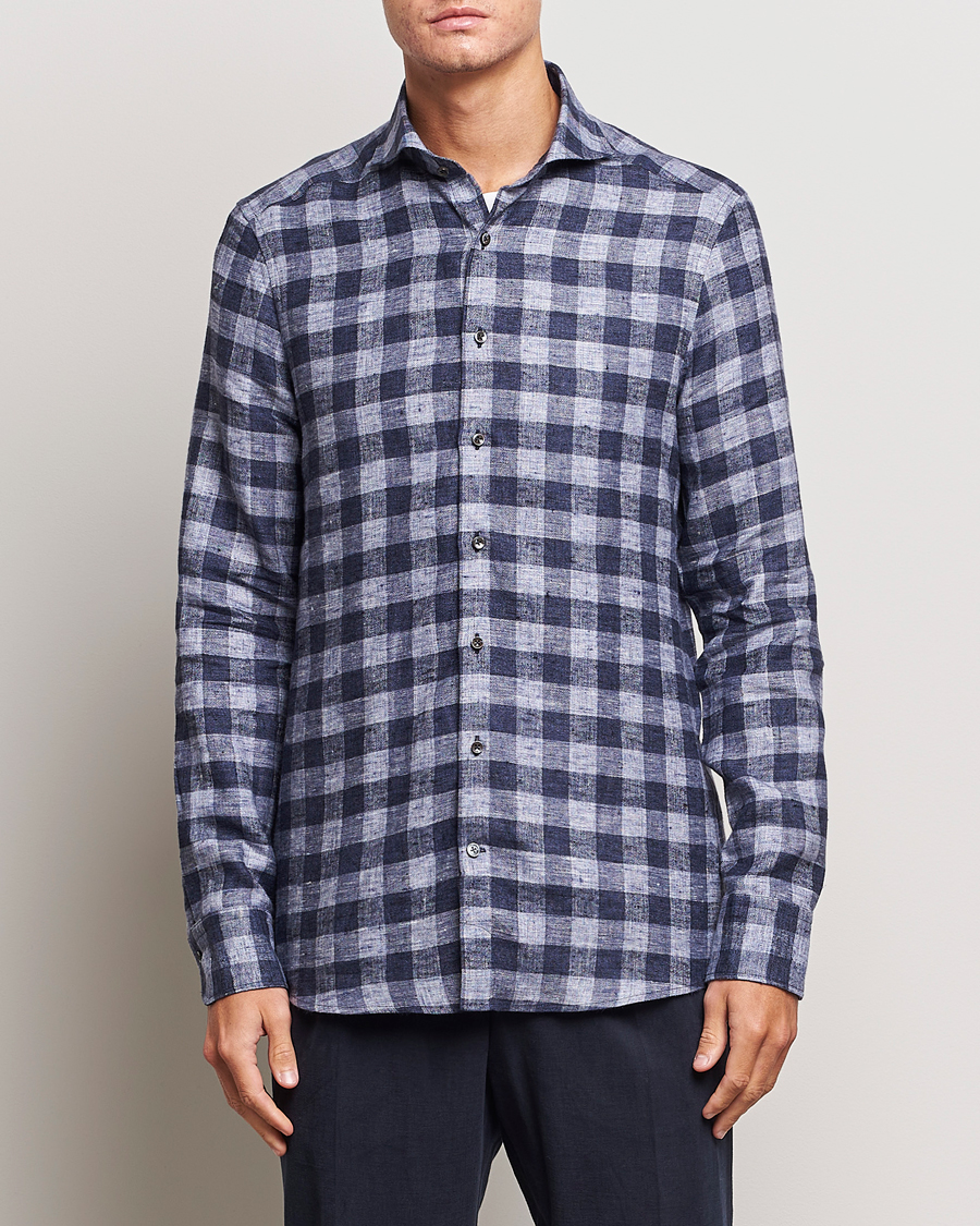 Uomini | Camicie | Stenströms | Slimline Checked Linen Flannel Shirt Blue