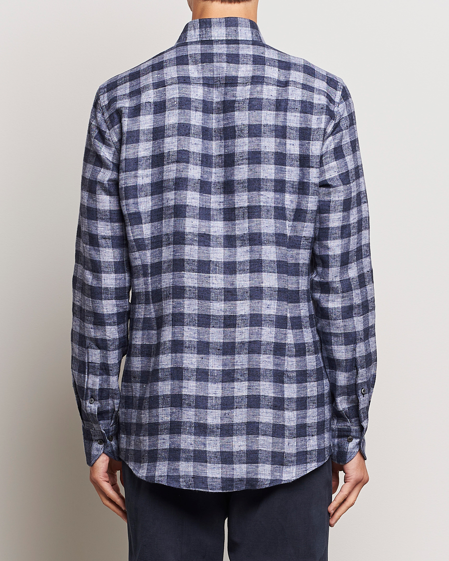 Uomini | Camicie | Stenströms | Slimline Checked Linen Flannel Shirt Blue