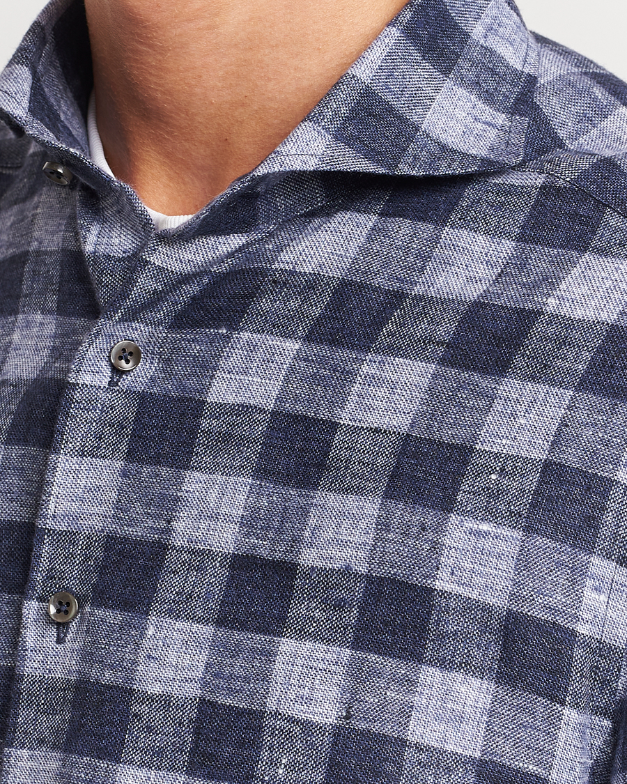 Uomini | Camicie | Stenströms | Slimline Checked Linen Flannel Shirt Blue
