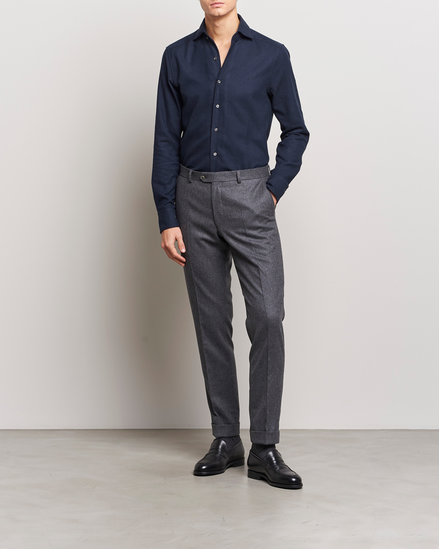 Uomini | Camicie | Stenströms | Slimline Micro Structure Flannel Shirt Navy