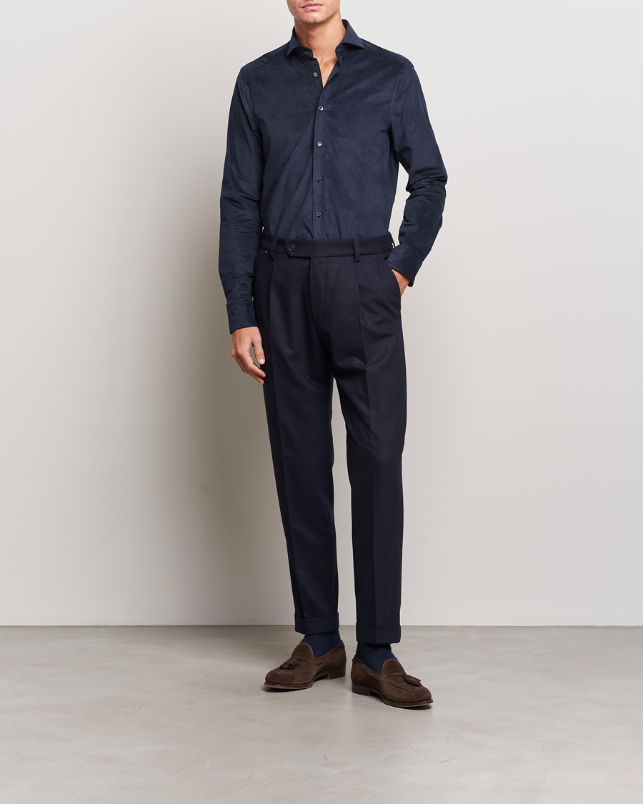 Uomini | Camicie | Stenströms | Slimline Cut Away Corduroy Shirt Navy