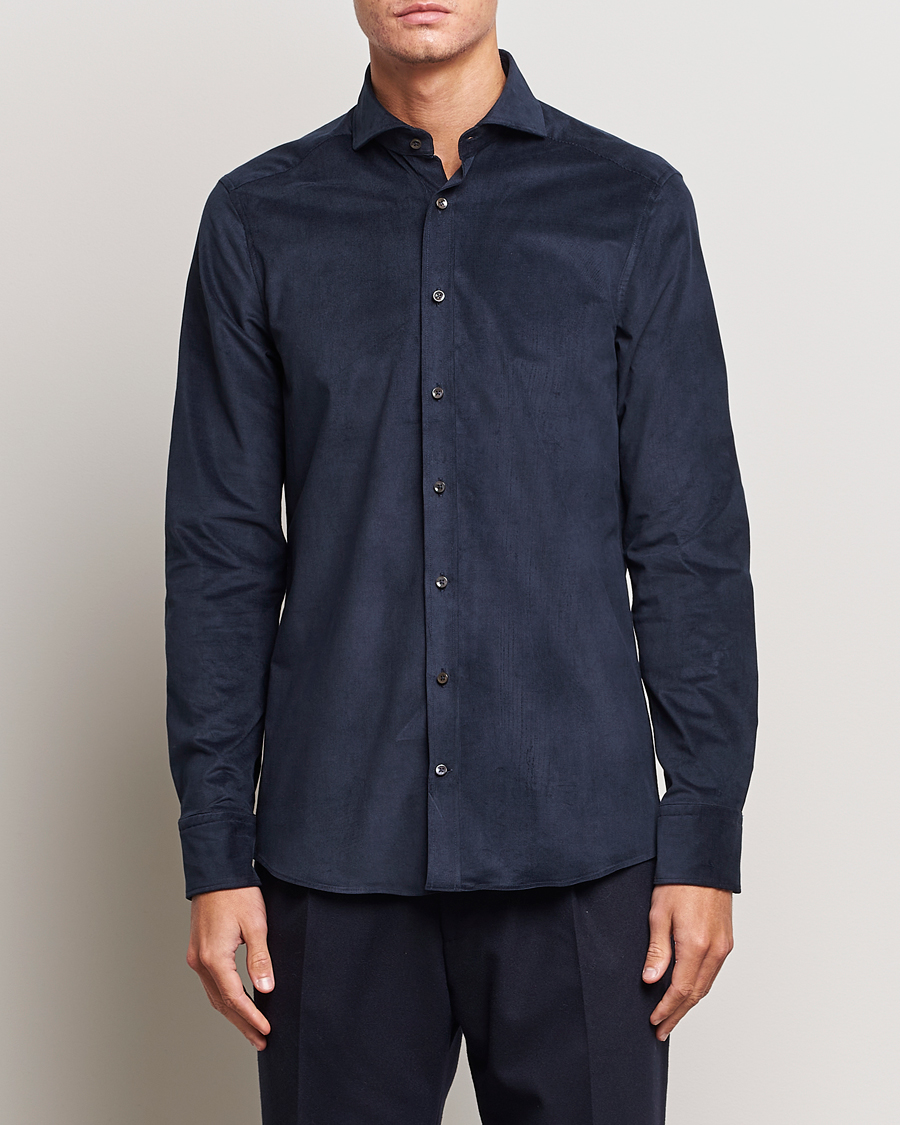 Uomini | Camicie | Stenströms | Slimline Cut Away Corduroy Shirt Navy