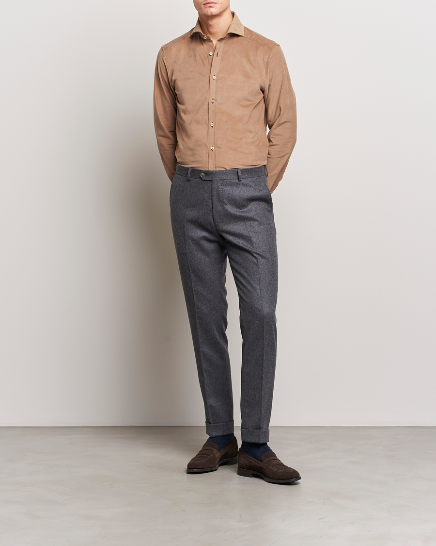 Uomini | Camicie | Stenströms | Slimline Cut Away Corduroy Shirt Camel