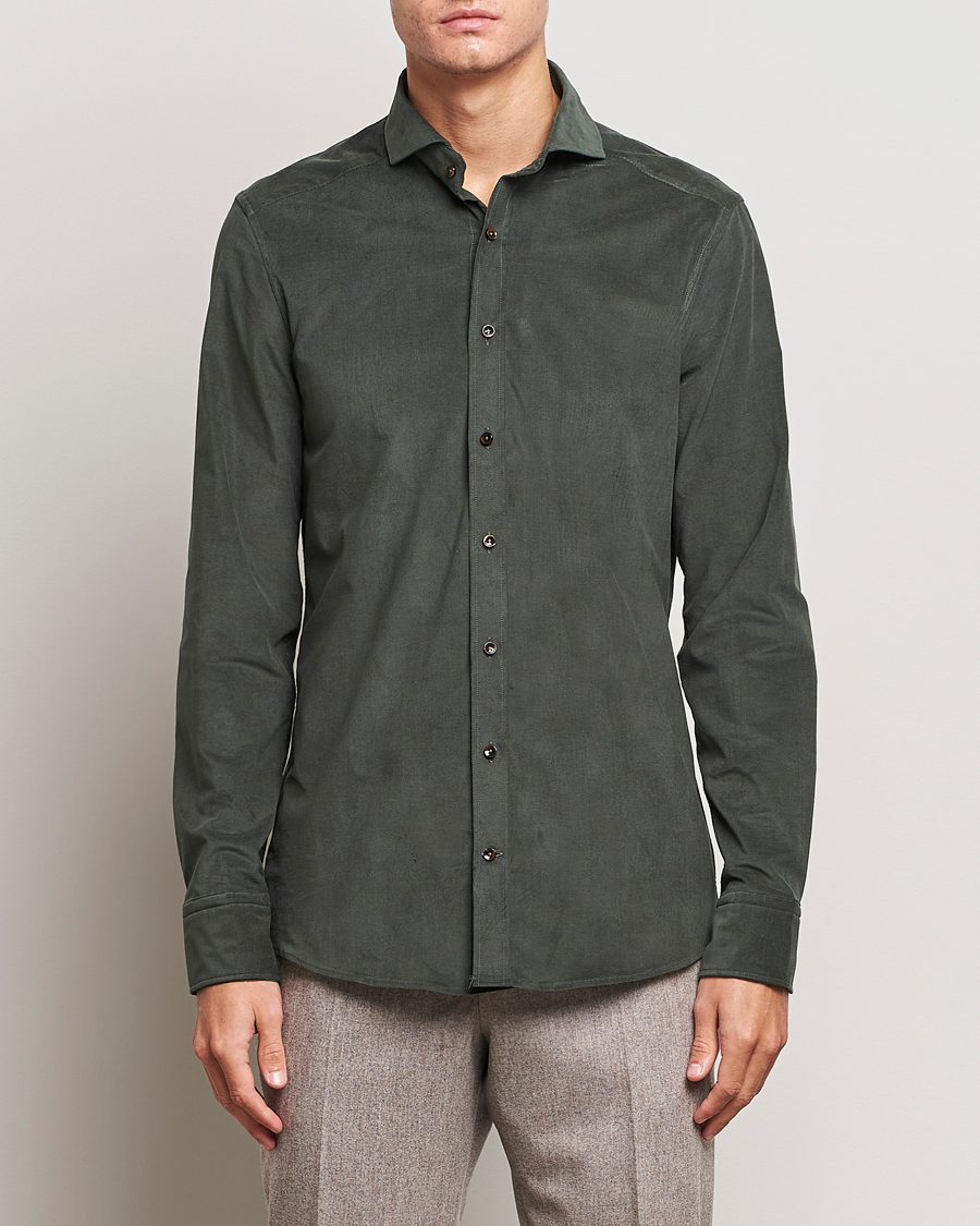 Uomini | Camicie | Stenströms | Slimline Cut Away Corduroy Shirt Dark Green