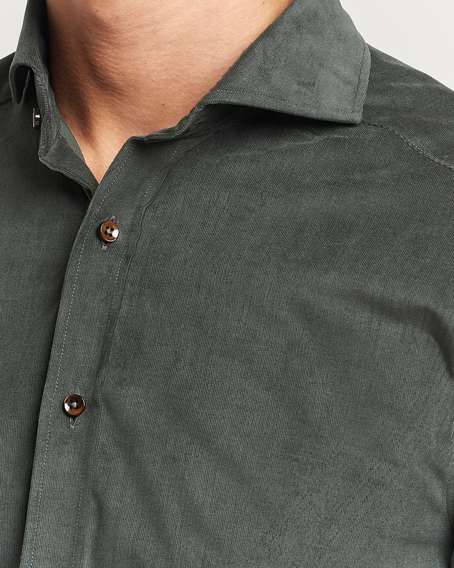 Uomini | Camicie | Stenströms | Slimline Cut Away Corduroy Shirt Dark Green