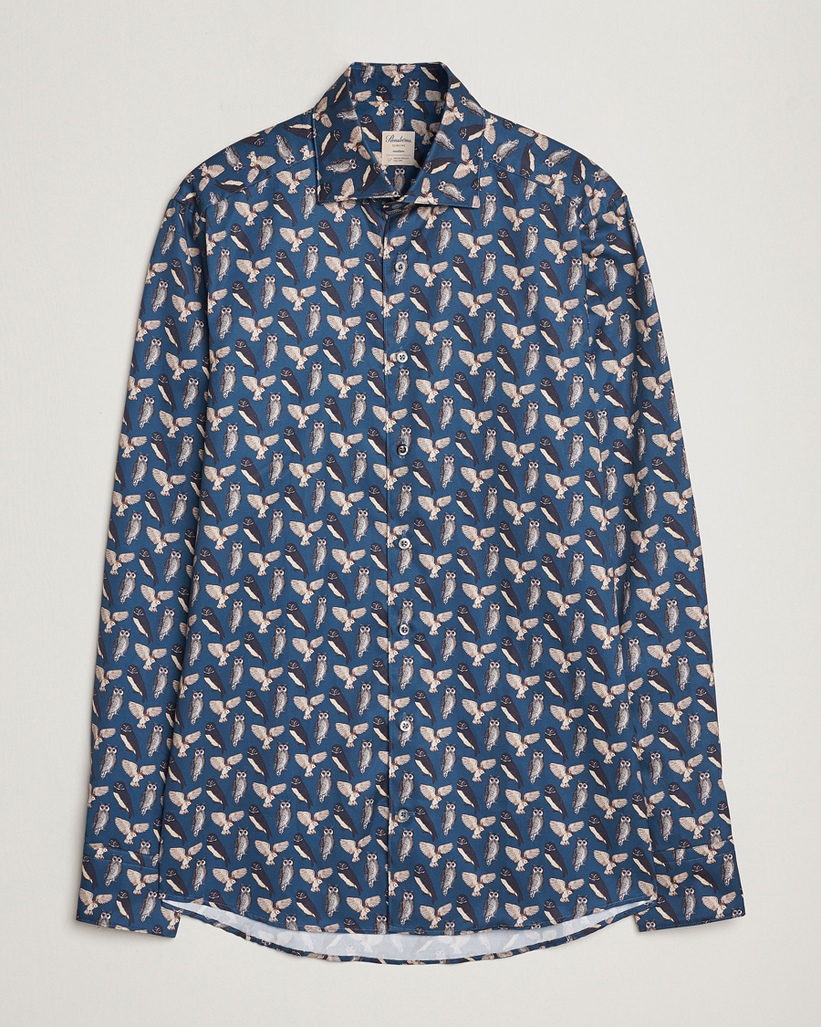 Uomini | Camicie | Stenströms | Slimline Owl Printed Cut Away Shirt Blue