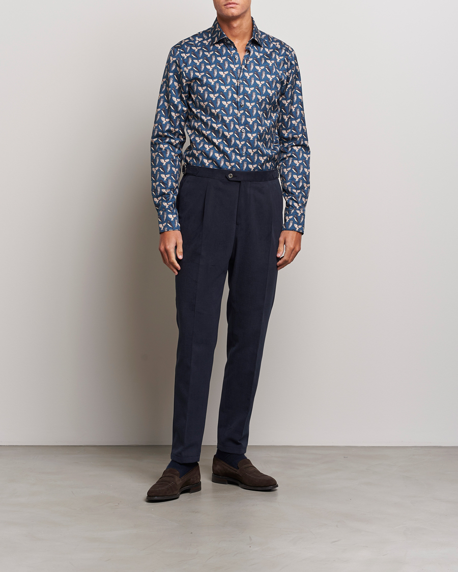 Uomini | Camicie | Stenströms | Slimline Owl Printed Cut Away Shirt Blue