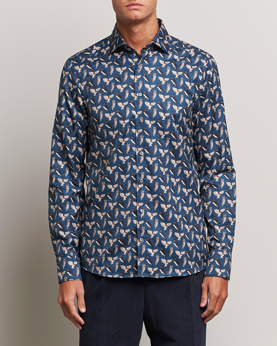 Uomini | Camicie | Stenströms | Slimline Owl Printed Cut Away Shirt Blue