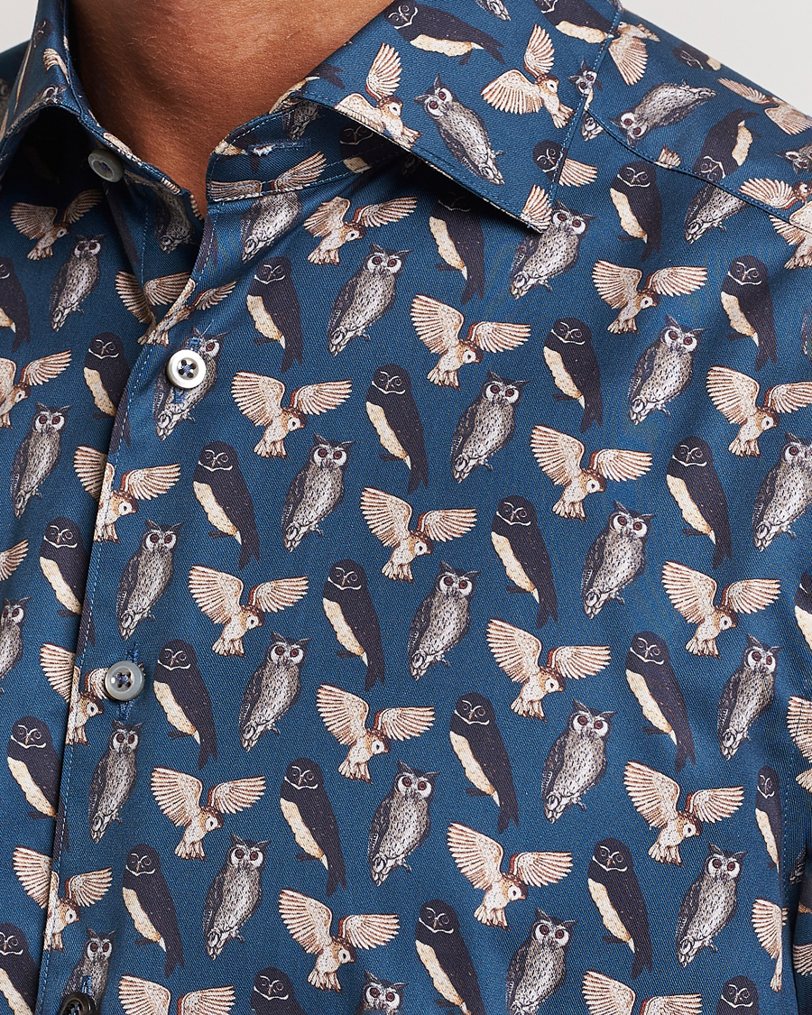Uomini | Camicie | Stenströms | Slimline Owl Printed Cut Away Shirt Blue