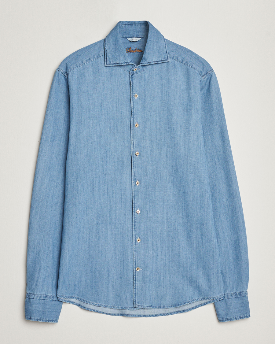 Uomini | Camicie | Stenströms | Slimline One Piece Collar Denim Shirt Light Blue
