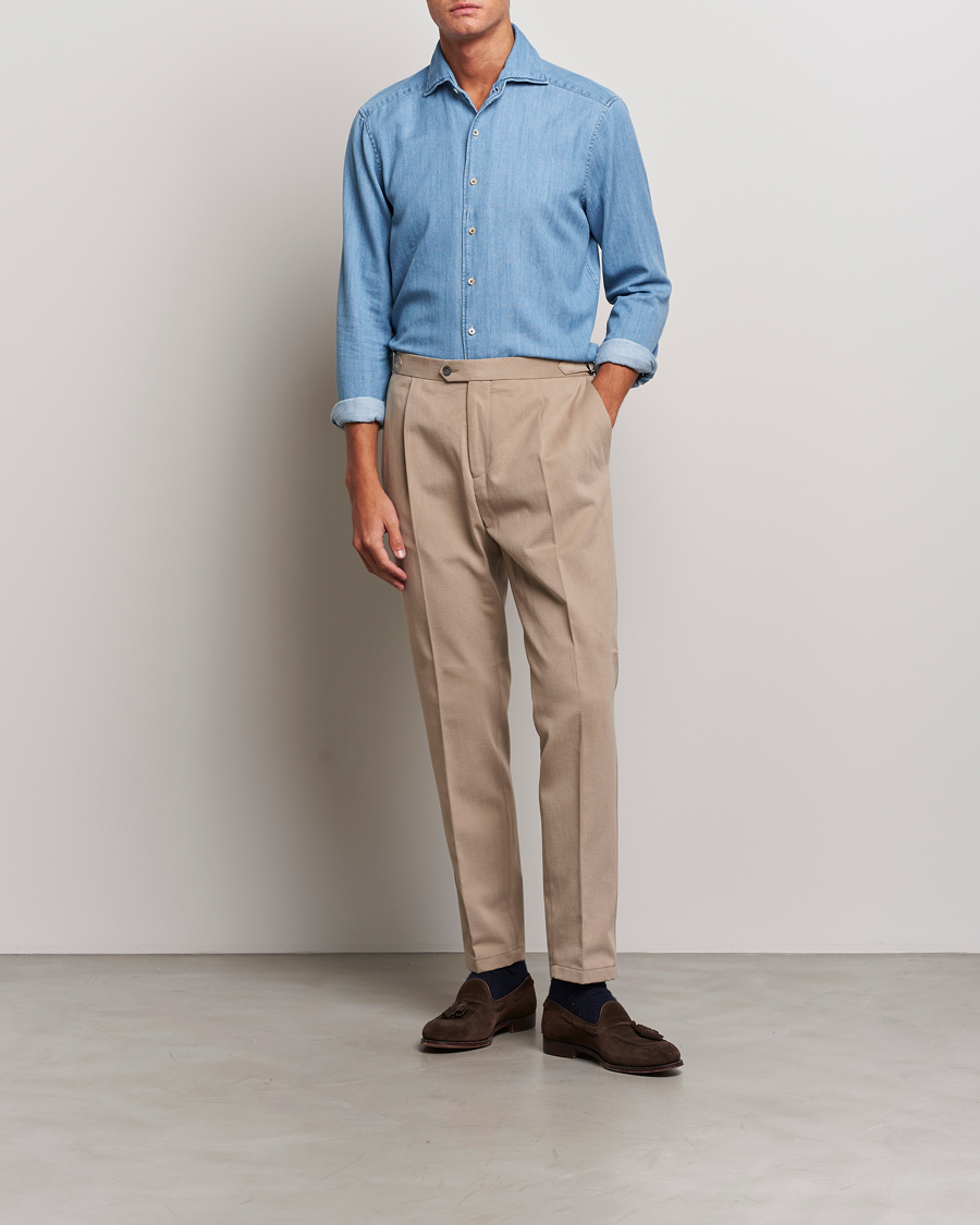 Uomini | Camicie | Stenströms | Slimline One Piece Collar Denim Shirt Light Blue