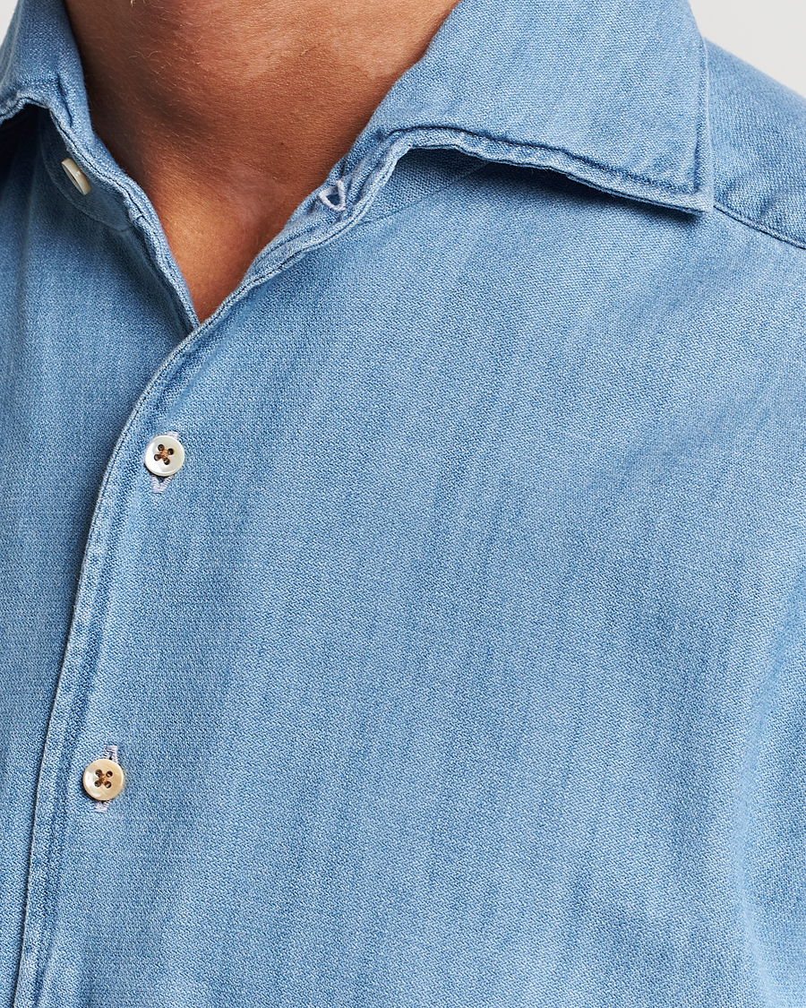 Uomini | Camicie | Stenströms | Slimline One Piece Collar Denim Shirt Light Blue