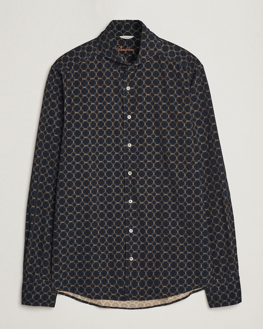Uomini | Camicie | Stenströms | Slimline Babycord Printed Cut Away Shirt Navy