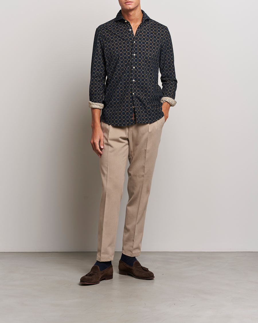 Uomini | Camicie | Stenströms | Slimline Babycord Printed Cut Away Shirt Navy