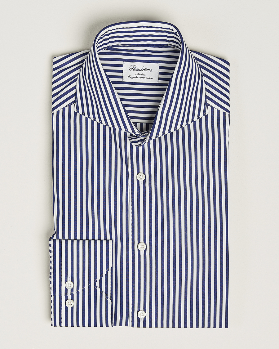 Uomini | Camicie | Stenströms | Slimline Striped Popline Cut Away Shirt Navy