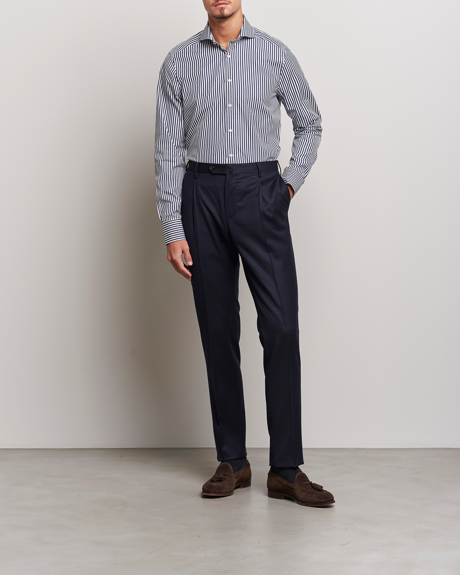Uomini | Camicie | Stenströms | Slimline Striped Popline Cut Away Shirt Navy